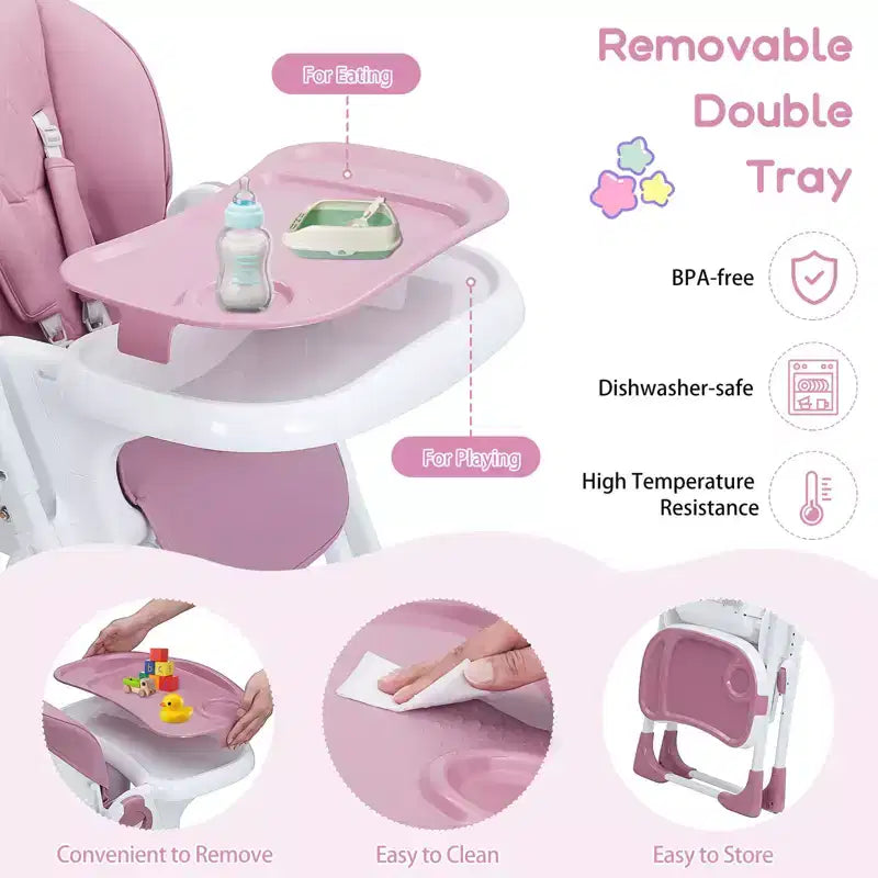 Chaise haute bébé, Chaise haute pliable pour nourrissons avec plateau amovible, Hauteur et inclinaison réglables, Chaise haute pour bébés et tout-petits