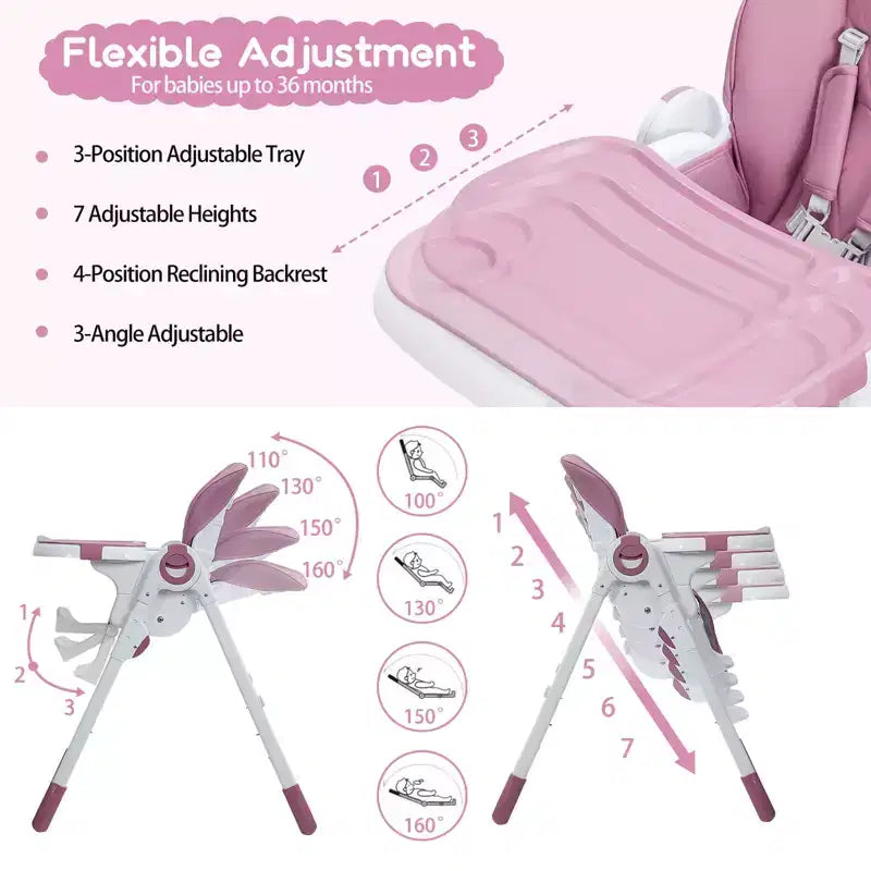 Chaise haute bébé, Chaise haute pliable pour nourrissons avec plateau amovible, Hauteur et inclinaison réglables, Chaise haute pour bébés et tout-petits