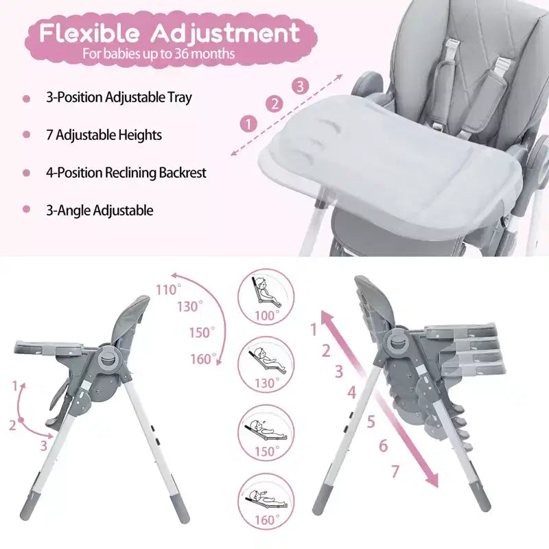 Chaise haute bébé, Chaise haute pliable pour nourrissons avec plateau amovible, Hauteur et inclinaison réglables, Chaise haute pour bébés et tout-petits