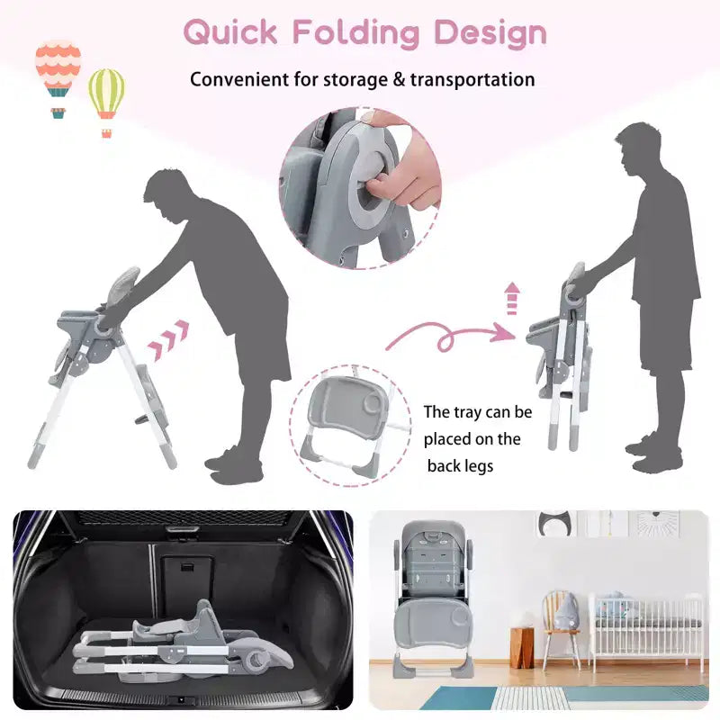 Chaise haute bébé, Chaise haute pliable pour nourrissons avec plateau amovible, Hauteur et inclinaison réglables, Chaise haute pour bébés et tout-petits