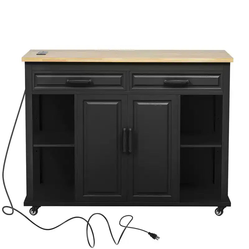 Îlot de cuisine Whisen 47 avec table à manger extensible, table de cuisine en placage de bois d'hévéa avec étagère de rangement et prise de courant