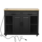 Îlot de cuisine Whisen 47 avec table à manger extensible, table de cuisine en placage de bois d'hévéa avec étagère de rangement et prise de courant