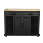 Îlot de cuisine Whisen 47 avec table à manger extensible, table de cuisine en placage de bois d'hévéa avec étagère de rangement et prise de courant
