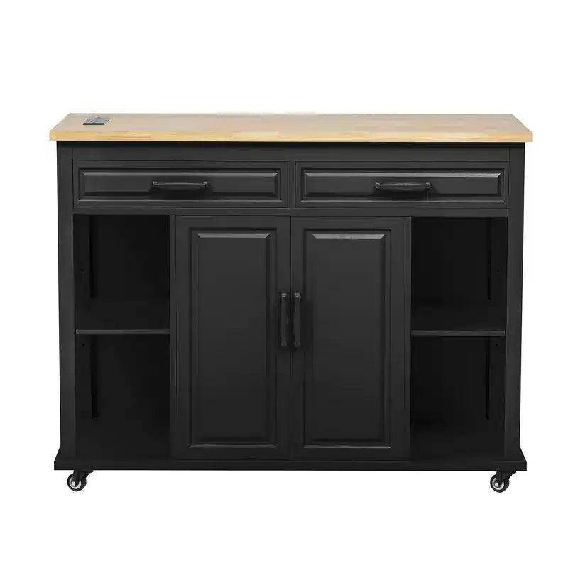 Îlot de cuisine Whisen 47 avec table à manger extensible, table de cuisine en placage de bois d'hévéa avec étagère de rangement et prise de courant