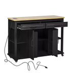 Îlot de cuisine Whisen 47 avec table à manger extensible, table de cuisine en placage de bois d'hévéa avec étagère de rangement et prise de courant