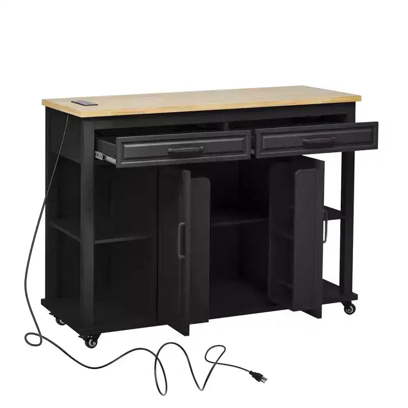 Îlot de cuisine Whisen 47 avec table à manger extensible, table de cuisine en placage de bois d'hévéa avec étagère de rangement et prise de courant
