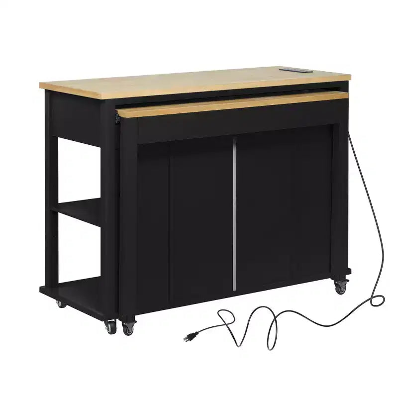 Îlot de cuisine Whisen 47 avec table à manger extensible, table de cuisine en placage de bois d'hévéa avec étagère de rangement et prise de courant
