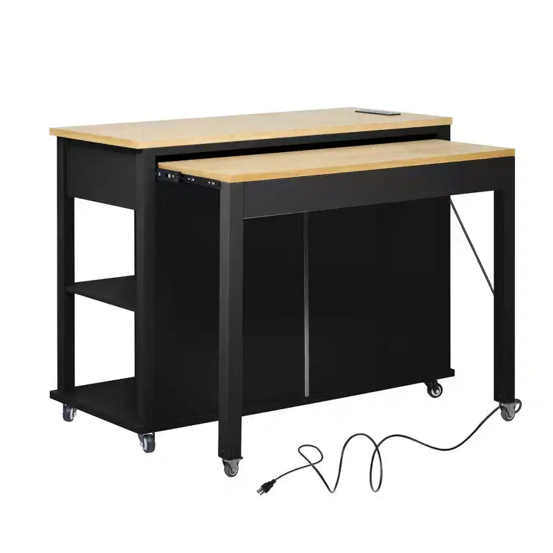 Îlot de cuisine Whisen 47 avec table à manger extensible, table de cuisine en placage de bois d'hévéa avec étagère de rangement et prise de courant