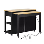 Îlot de cuisine Whisen 47 avec table à manger extensible, table de cuisine en placage de bois d'hévéa avec étagère de rangement et prise de courant