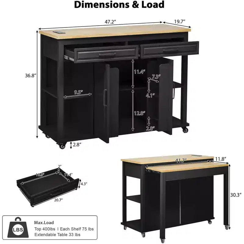 Îlot de cuisine Whisen 47 avec table à manger extensible, table de cuisine en placage de bois d'hévéa avec étagère de rangement et prise de courant