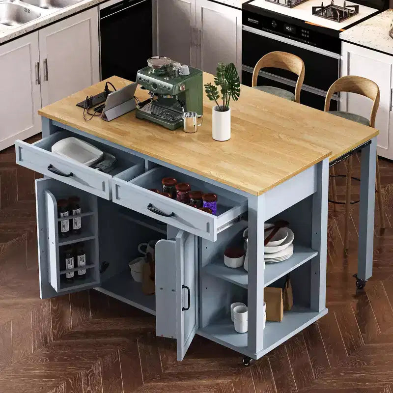 Îlot de cuisine Whisen 47 avec table à manger extensible, table de cuisine en placage de bois d'hévéa avec étagère de rangement et prise de courant