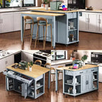 Îlot de cuisine Whisen 47 avec table à manger extensible, table de cuisine en placage de bois d'hévéa avec étagère de rangement et prise de courant