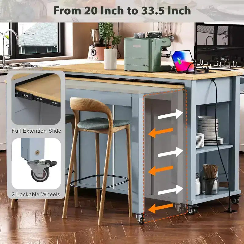 Îlot de cuisine Whisen 47 avec table à manger extensible, table de cuisine en placage de bois d'hévéa avec étagère de rangement et prise de courant