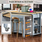Îlot de cuisine Whisen 47 avec table à manger extensible, table de cuisine en placage de bois d'hévéa avec étagère de rangement et prise de courant