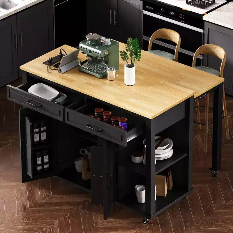 Îlot de cuisine Whisen 47 avec table à manger extensible, table de cuisine en placage de bois d'hévéa avec étagère de rangement et prise de courant
