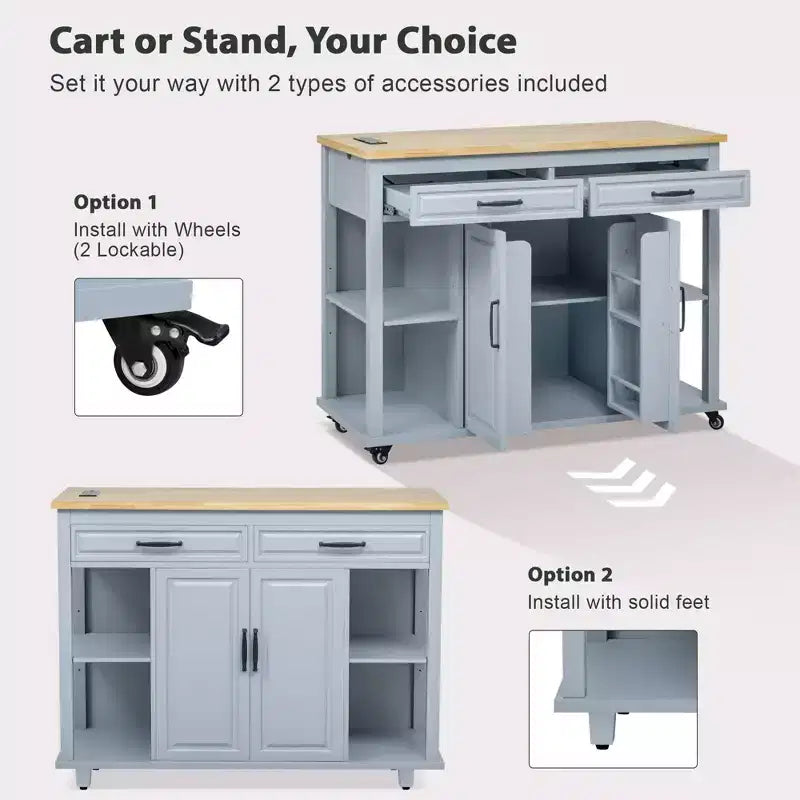 Îlot de cuisine Whisen 47 avec table à manger extensible, table de cuisine en placage de bois d'hévéa avec étagère de rangement et prise de courant