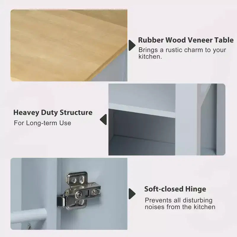 Îlot de cuisine Whisen 47 avec table à manger extensible, table de cuisine en placage de bois d'hévéa avec étagère de rangement et prise de courant