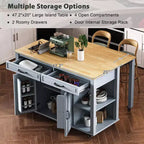 Îlot de cuisine Whisen 47 avec table à manger extensible, table de cuisine en placage de bois d'hévéa avec étagère de rangement et prise de courant