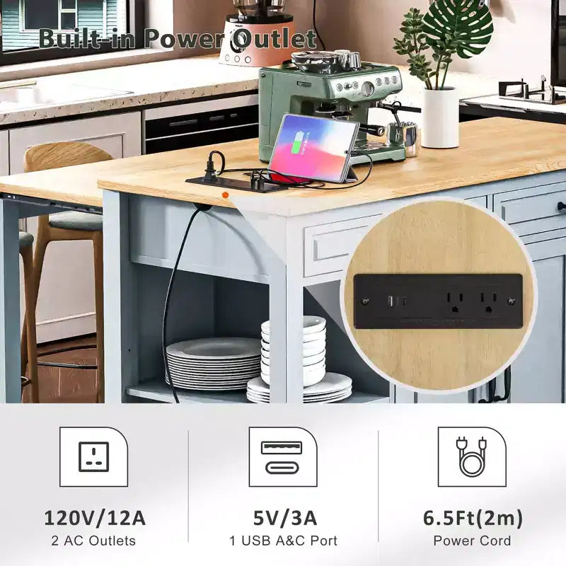 Îlot de cuisine Whisen 47 avec table à manger extensible, table de cuisine en placage de bois d'hévéa avec étagère de rangement et prise de courant
