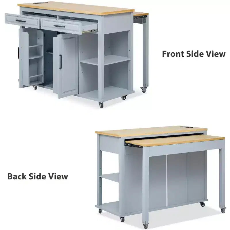 Îlot de cuisine Whisen 47 avec table à manger extensible, table de cuisine en placage de bois d'hévéa avec étagère de rangement et prise de courant