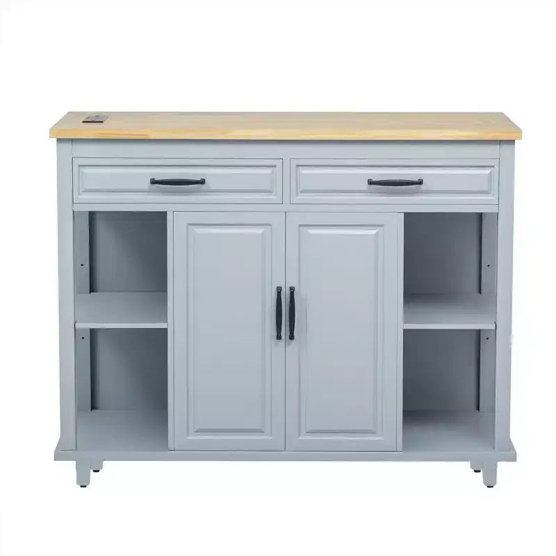 Îlot de cuisine Whisen 47 avec table à manger extensible, table de cuisine en placage de bois d'hévéa avec étagère de rangement et prise de courant