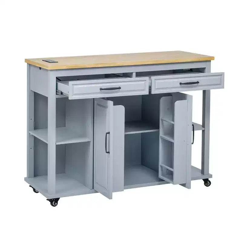 Îlot de cuisine Whisen 47 avec table à manger extensible, table de cuisine en placage de bois d'hévéa avec étagère de rangement et prise de courant