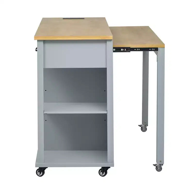 Îlot de cuisine Whisen 47 avec table à manger extensible, table de cuisine en placage de bois d'hévéa avec étagère de rangement et prise de courant