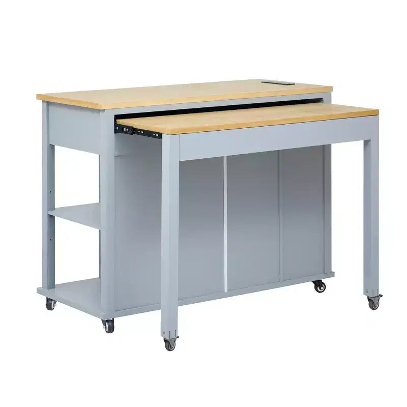 Îlot de cuisine Whisen 47 avec table à manger extensible, table de cuisine en placage de bois d'hévéa avec étagère de rangement et prise de courant