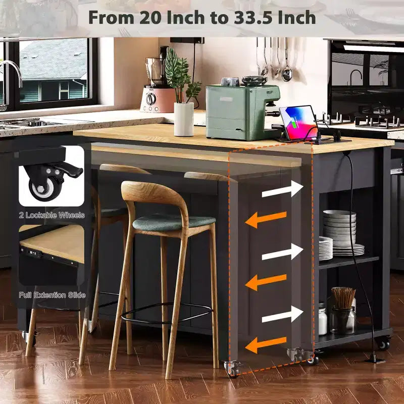 Îlot de cuisine Whisen 47 avec table à manger extensible, table de cuisine en placage de bois d'hévéa avec étagère de rangement et prise de courant