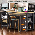 Îlot de cuisine Whisen 47 avec table à manger extensible, table de cuisine en placage de bois d'hévéa avec étagère de rangement et prise de courant