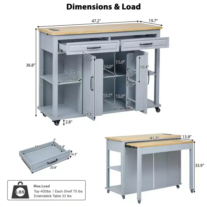 Îlot de cuisine Whisen 47 avec table à manger extensible, table de cuisine en placage de bois d'hévéa avec étagère de rangement et prise de courant