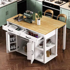 Îlot de cuisine Whisen 47 avec table à manger extensible, table de cuisine en placage de bois d'hévéa avec étagère de rangement et prise de courant