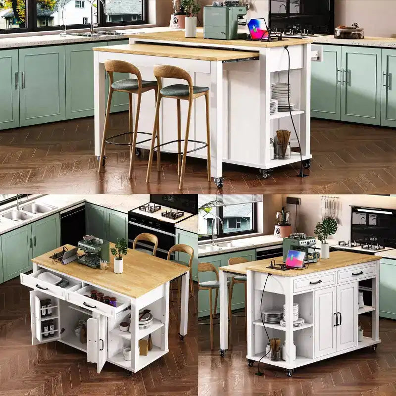 Îlot de cuisine Whisen 47 avec table à manger extensible, table de cuisine en placage de bois d'hévéa avec étagère de rangement et prise de courant
