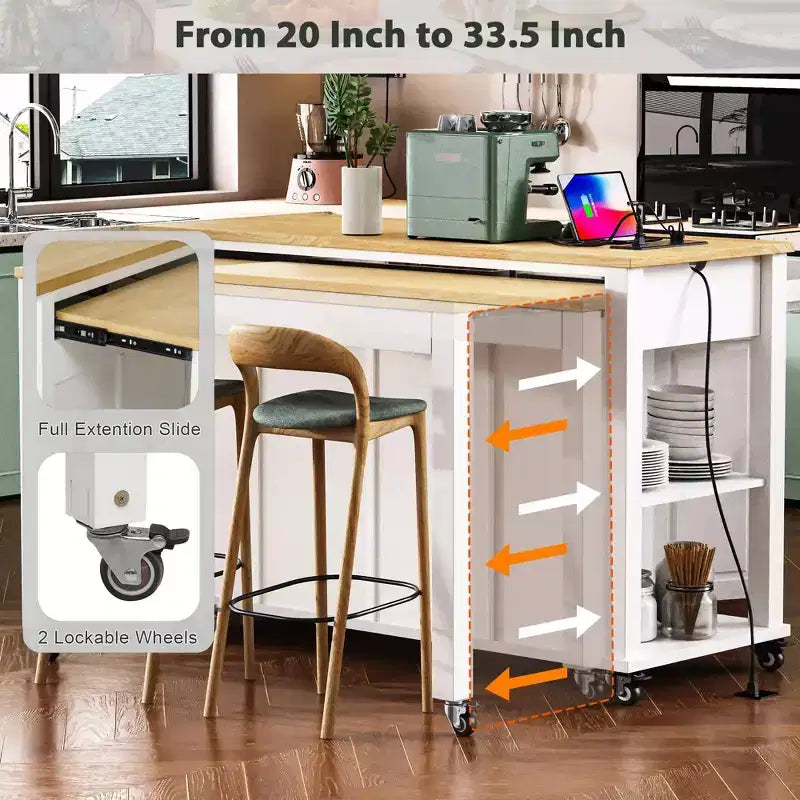 Îlot de cuisine Whisen 47 avec table à manger extensible, table de cuisine en placage de bois d'hévéa avec étagère de rangement et prise de courant