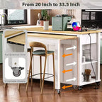 Îlot de cuisine Whisen 47 avec table à manger extensible, table de cuisine en placage de bois d'hévéa avec étagère de rangement et prise de courant