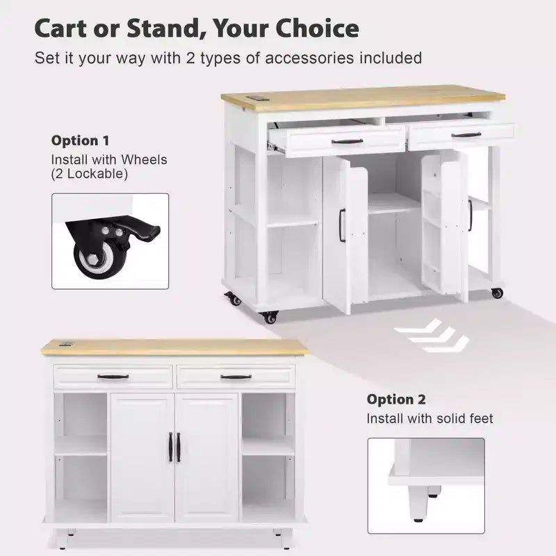 Îlot de cuisine Whisen 47 avec table à manger extensible, table de cuisine en placage de bois d'hévéa avec étagère de rangement et prise de courant
