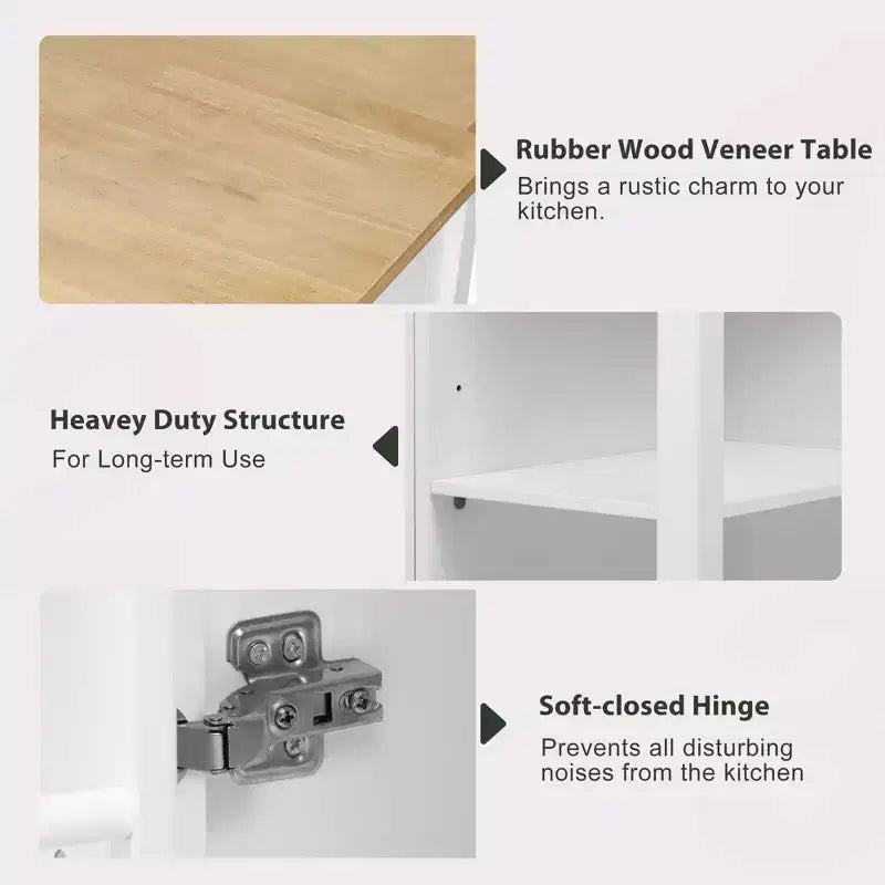 Îlot de cuisine Whisen 47 avec table à manger extensible, table de cuisine en placage de bois d'hévéa avec étagère de rangement et prise de courant