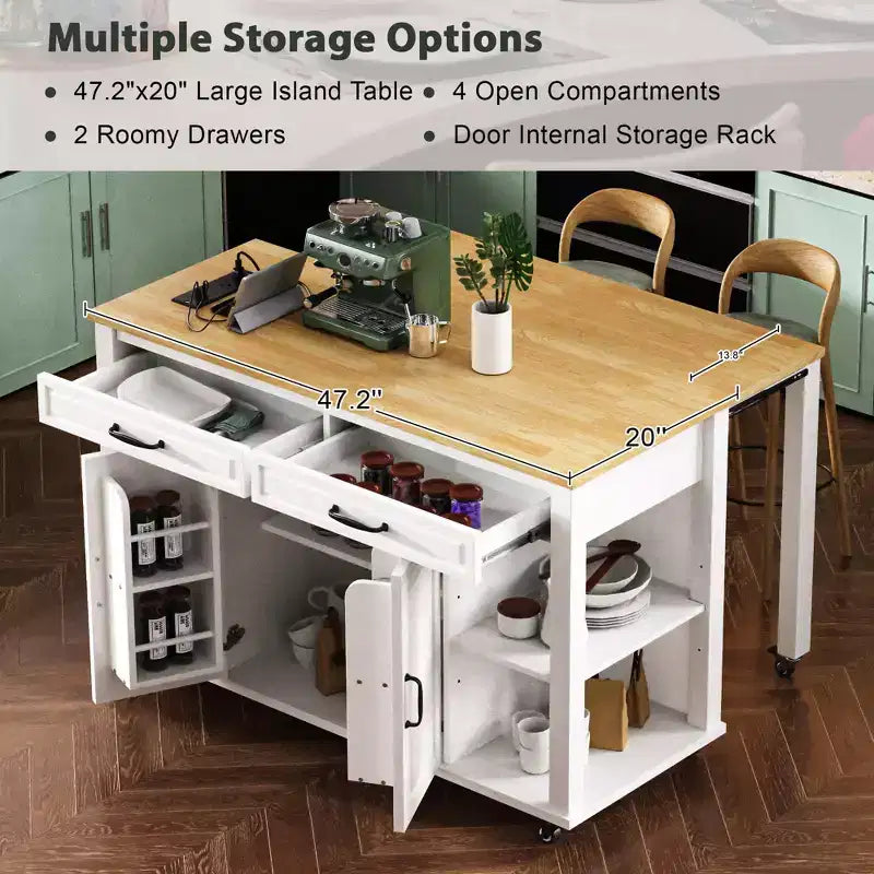 Îlot de cuisine Whisen 47 avec table à manger extensible, table de cuisine en placage de bois d'hévéa avec étagère de rangement et prise de courant