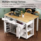 Îlot de cuisine Whisen 47 avec table à manger extensible, table de cuisine en placage de bois d'hévéa avec étagère de rangement et prise de courant