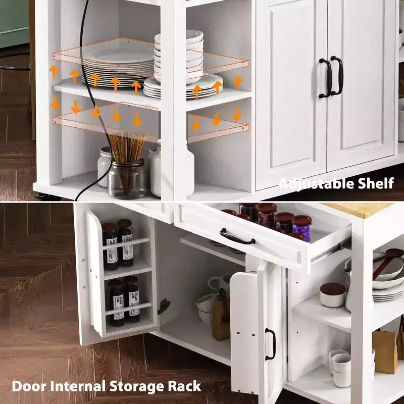 Îlot de cuisine Whisen 47 avec table à manger extensible, table de cuisine en placage de bois d'hévéa avec étagère de rangement et prise de courant