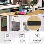 Îlot de cuisine Whisen 47 avec table à manger extensible, table de cuisine en placage de bois d'hévéa avec étagère de rangement et prise de courant