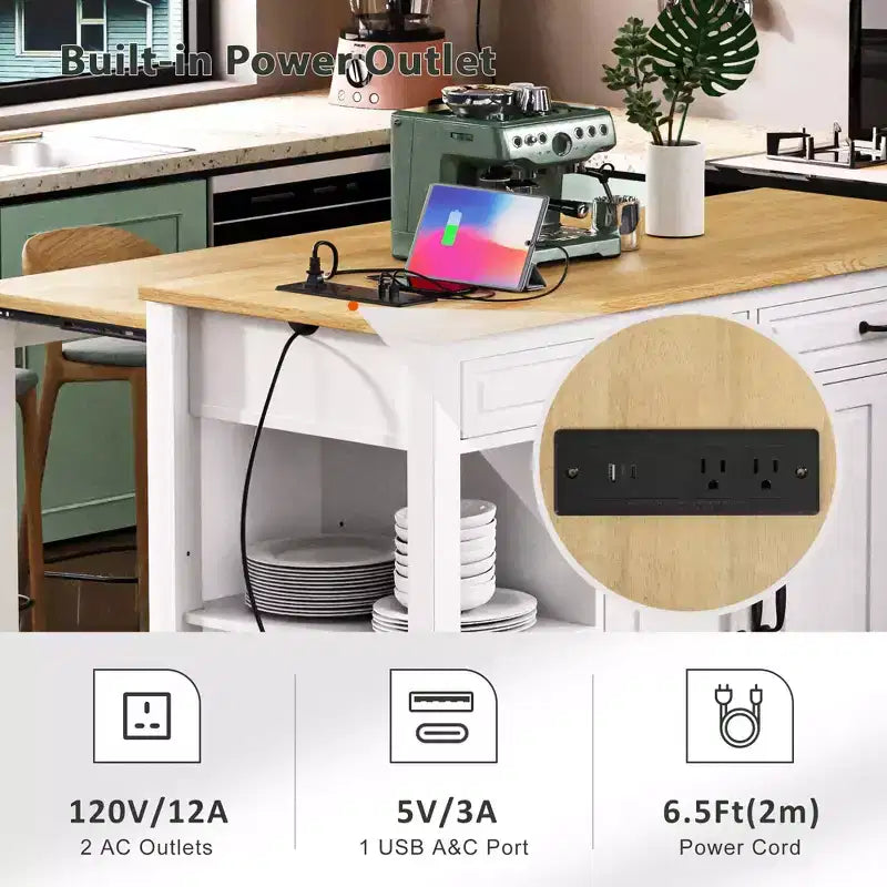 Îlot de cuisine Whisen 47 avec table à manger extensible, table de cuisine en placage de bois d'hévéa avec étagère de rangement et prise de courant