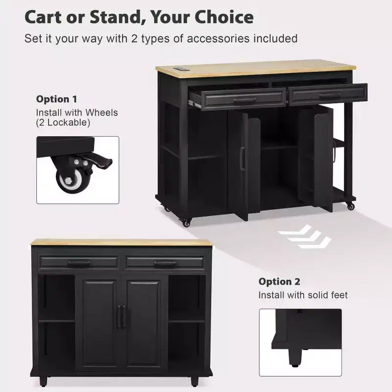 Îlot de cuisine Whisen 47 avec table à manger extensible, table de cuisine en placage de bois d'hévéa avec étagère de rangement et prise de courant