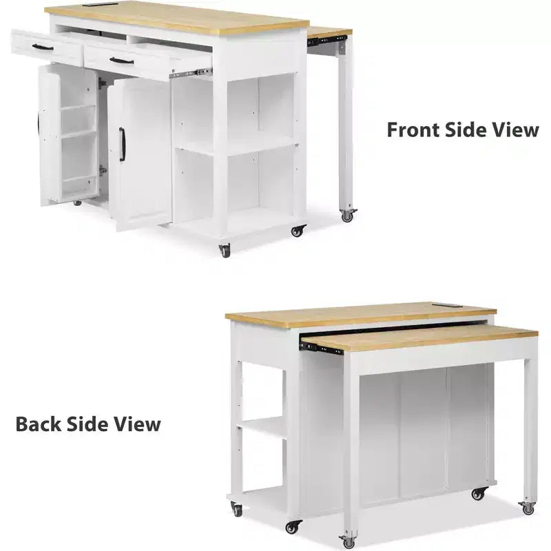 Îlot de cuisine Whisen 47 avec table à manger extensible, table de cuisine en placage de bois d'hévéa avec étagère de rangement et prise de courant