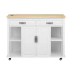 Îlot de cuisine Whisen 47 avec table à manger extensible, table de cuisine en placage de bois d'hévéa avec étagère de rangement et prise de courant