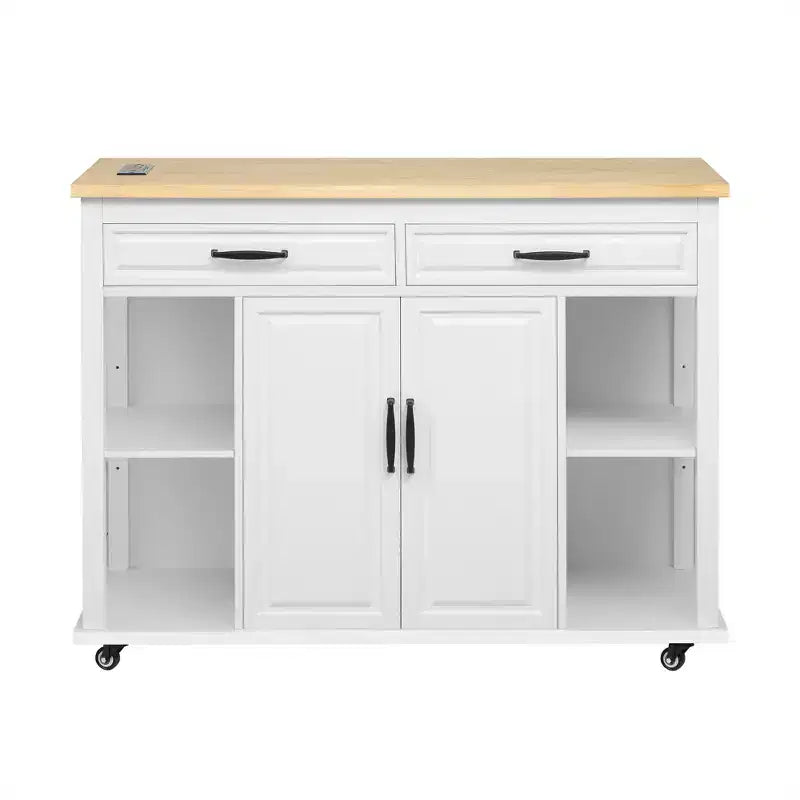 Îlot de cuisine Whisen 47 avec table à manger extensible, table de cuisine en placage de bois d'hévéa avec étagère de rangement et prise de courant