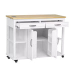 Îlot de cuisine Whisen 47 avec table à manger extensible, table de cuisine en placage de bois d'hévéa avec étagère de rangement et prise de courant