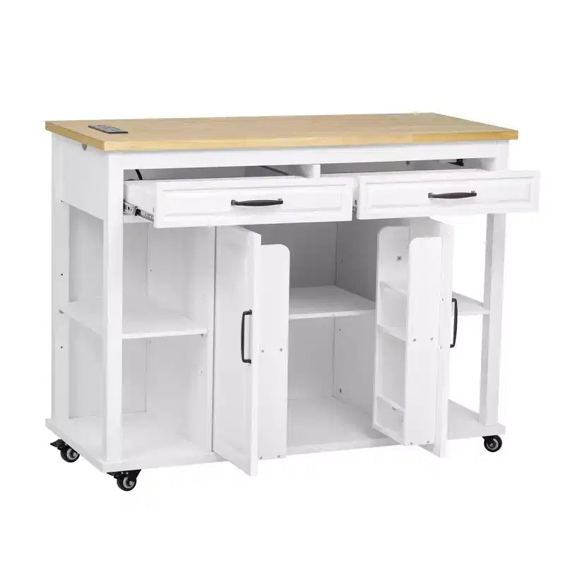 Îlot de cuisine Whisen 47 avec table à manger extensible, table de cuisine en placage de bois d'hévéa avec étagère de rangement et prise de courant