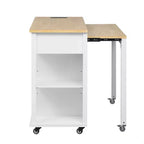 Îlot de cuisine Whisen 47 avec table à manger extensible, table de cuisine en placage de bois d'hévéa avec étagère de rangement et prise de courant