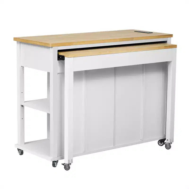 Îlot de cuisine Whisen 47 avec table à manger extensible, table de cuisine en placage de bois d'hévéa avec étagère de rangement et prise de courant
